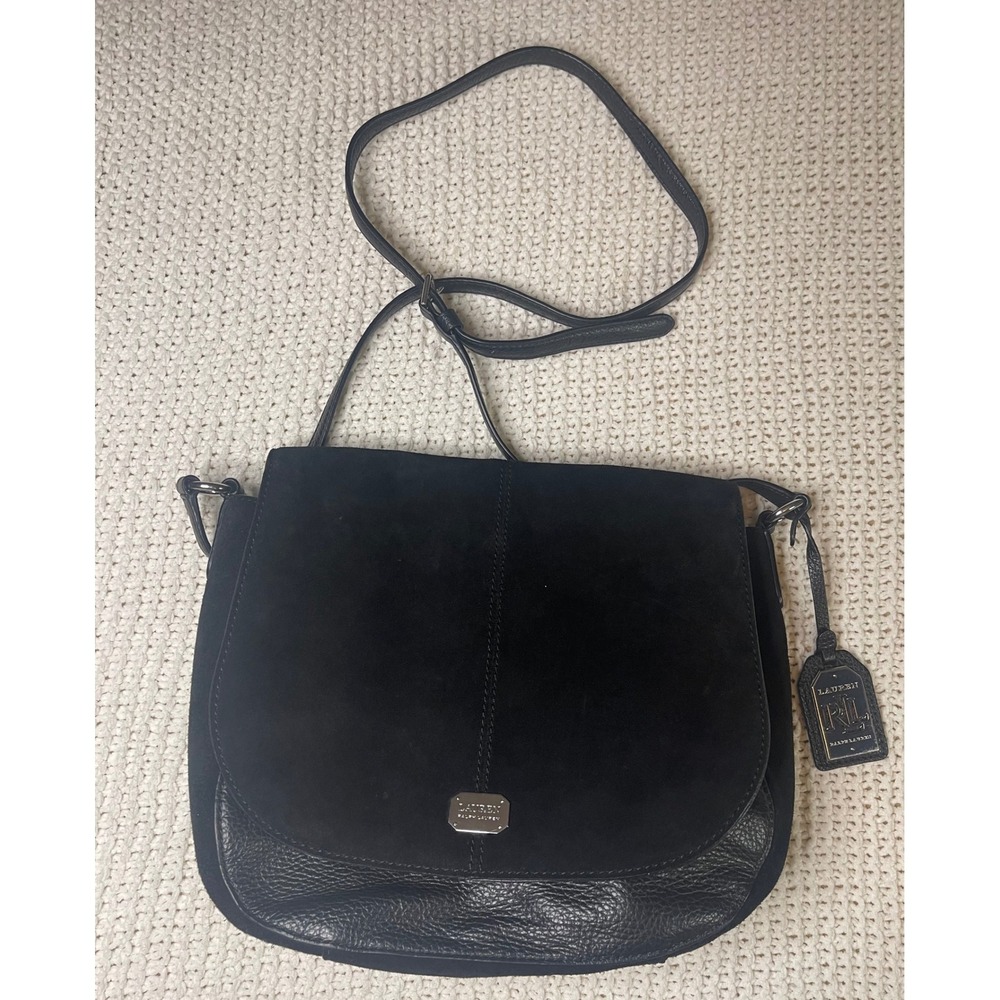 Lauren Ralph Lauren Black Suede Leather Crossbody Bag Saddle Flap RLL Handbag